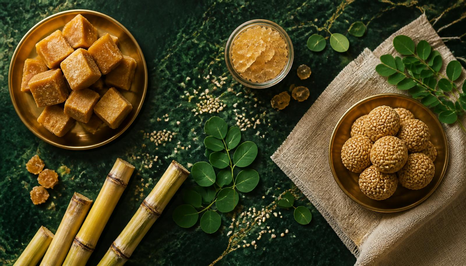 Jaggery powder and crystals arranged on a cream and emerald surface