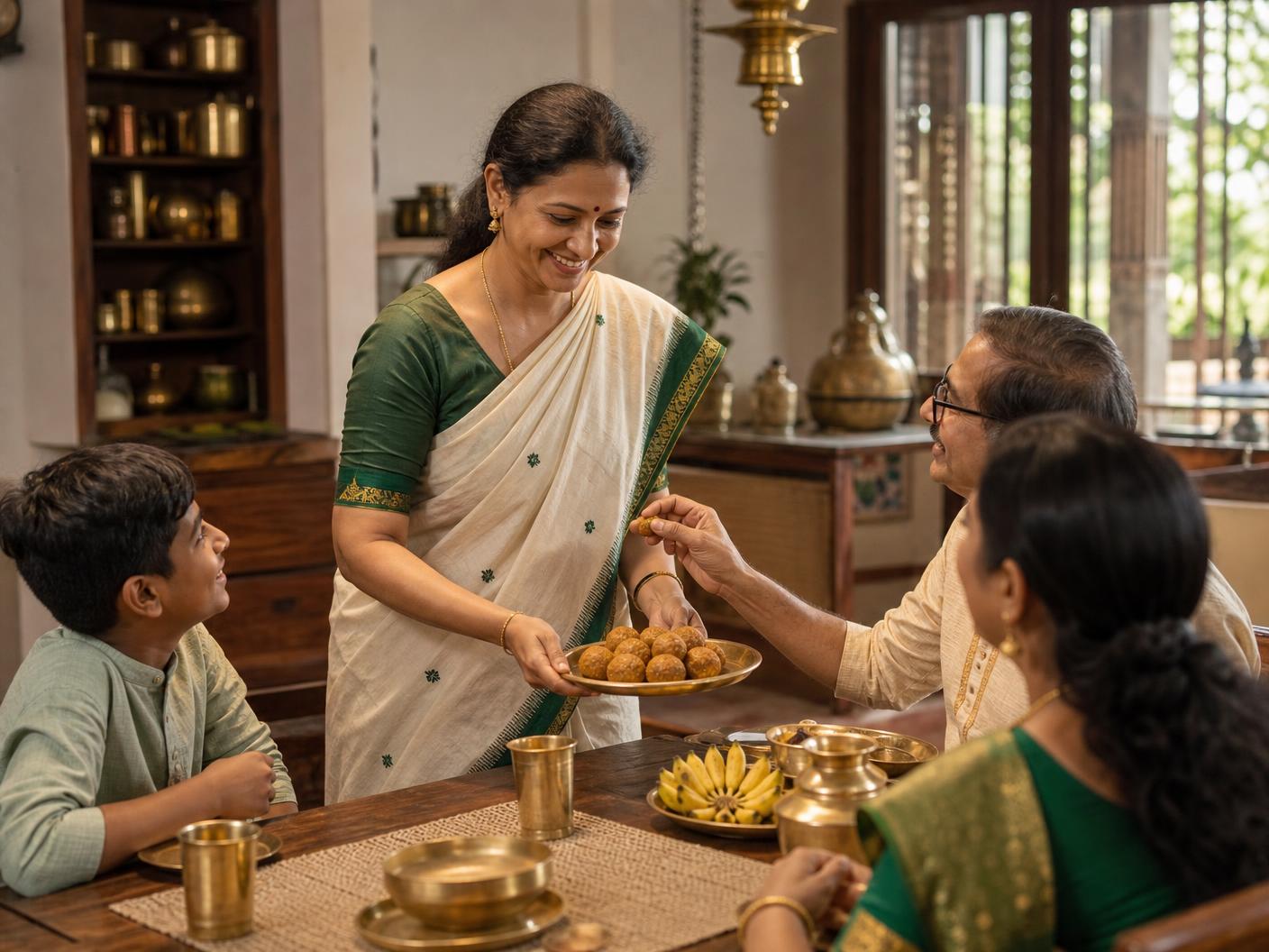 An Indian family sharing jaggery laddus at home