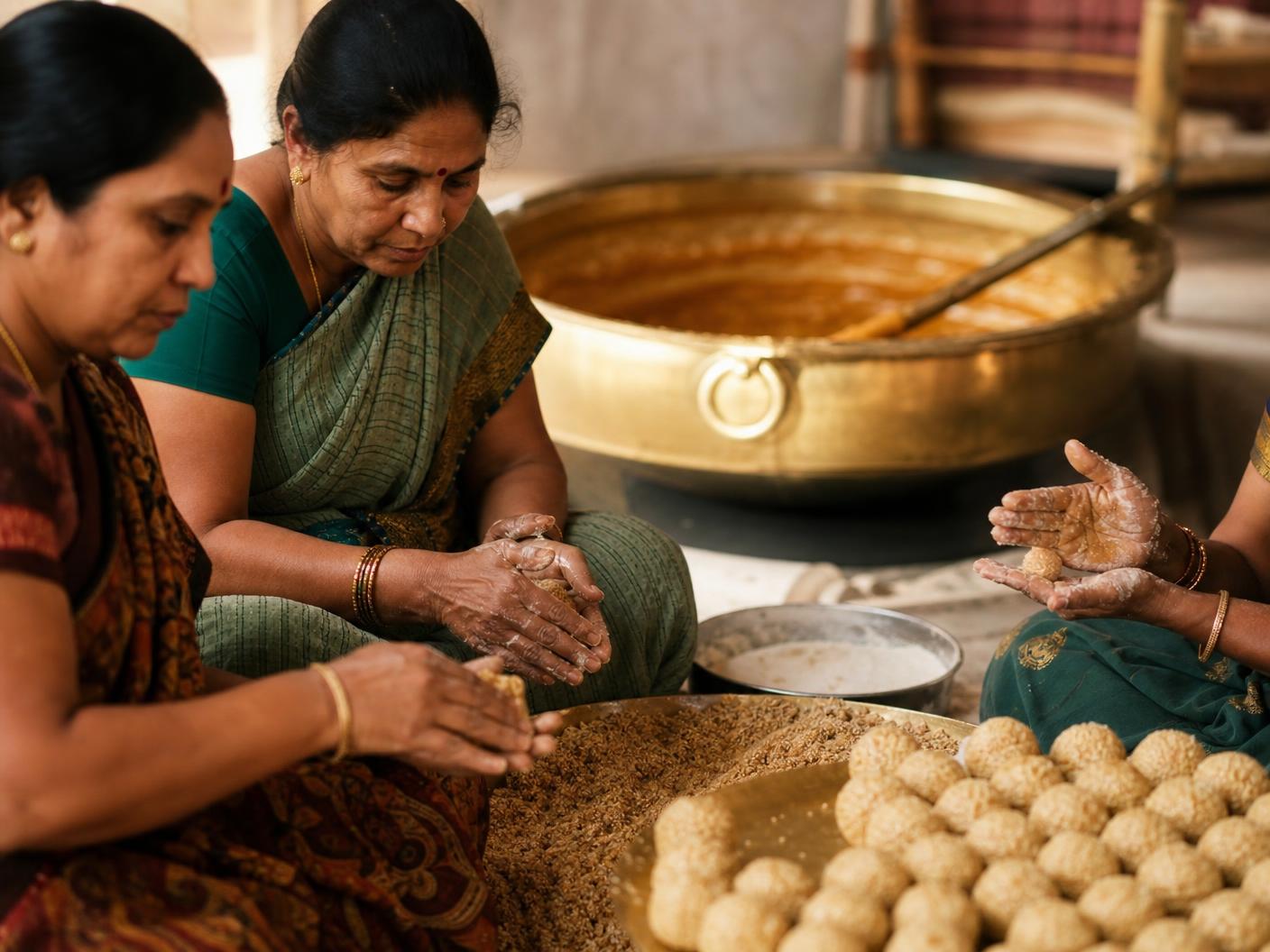 Women artisans hand-rolling sesame jaggery laddus
